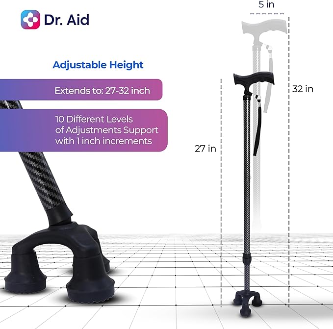 Dr. Aid Tripod and fourpod Walking Cane for Men & Women Premium Carbon Fiber Black Cane Adjustable Heavy-Duty 3 or 4-pronged Walking Stick for Seniors, Supports 400 lbs