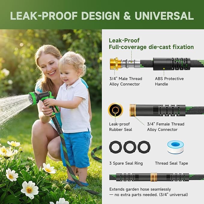 Non-Expandable Garden Hose 75 FT, Heavy-Duty & Flexible Water Hose with 10-Function Nozzle, Kink-Free & Leak-Proof Design, Ultra Lightweight Portable Yard Hose for Lawn, Car, Outdoor Use