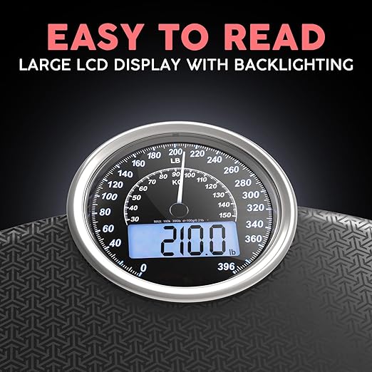 Hybrid Bathroom Scale - Analog & Digital Display, Accurate to 400 lbs | See weight on both an analog dial and digital LCD at once. Wide glass platform, accurate to 0.2 lbs, batteries included.