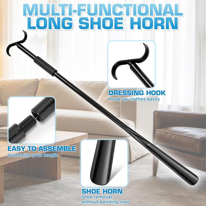 Shoe Horn Long Handle, Dressing Stick with S-Hook, 24-35 Inch Extendable Dressing Aid for Elderly, Disabled, Arthritis, Pregnant Women, No Bending Required (Black)