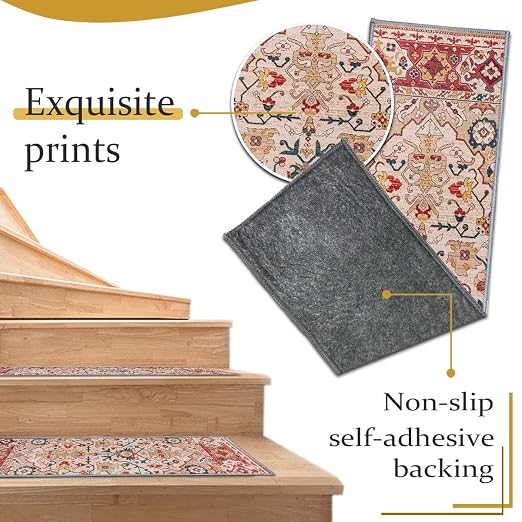 8”x 30” Carpet Stair, Anti-Slip Carpet Treads for Wooden Steps, Self-Adhesive Decorative Stair Runners, Slip-Resistant Treads for Indoor Wooden Staircases (15, Red, 8X30 inch)