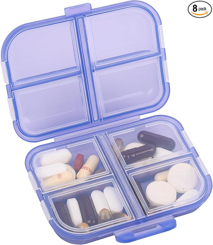 Travel Pill Organizer Small 8 Grid Compartments Pill Holder Box - Portable Medicine Container Case - Daily Weekly Medication Organizer