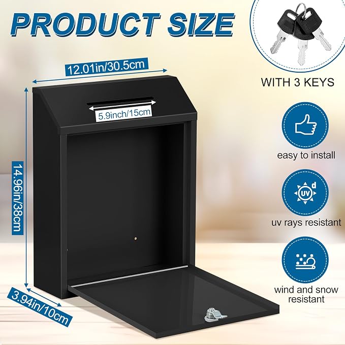 Yaocom Metal Money Box,Black,15 x 12 x 4 Inch,No Lid | Wall Mounted Drop Donation Cash Box for Farm Stand Collection Safe Suggestion Box with Lock Container for Home Office Outdoor