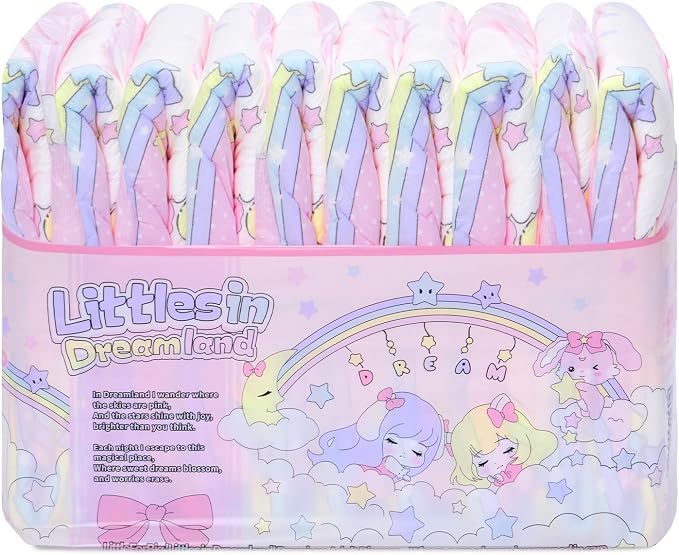 LittleForBig Ultra Absorbent 7000 mL Adjustable Hook-and-Loop Fastener Closure Adult Printed Cloth Back Diaper 10 Pieces - Fairy Littles in Dreamland (X-Large 48"-56")