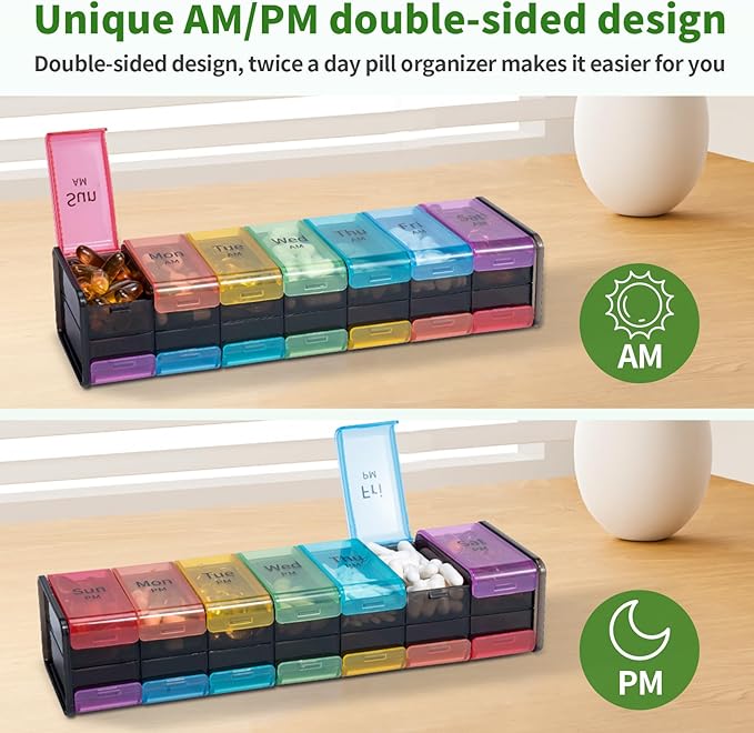 Daviky Extra Large Weekly Pill Organizer 2 Times a Day, XXL Pill Box 7 Day with AM PM Large Compartments, BPA-Free Daily Medicine Case, Jumbo Pill Holder for Fish Oils, Vitamins & Supplements（Black）