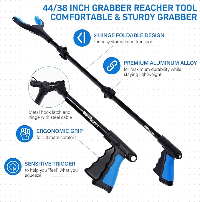38 Inch & 44 Inch Extra Long Grabber Reacher Tool Set – Extendable Reacher Grabber Pickup Tools for Seniors, Disabled and Hard-to-Reach Areas, Ergonomic Grip & Lightweight Design（Blue）