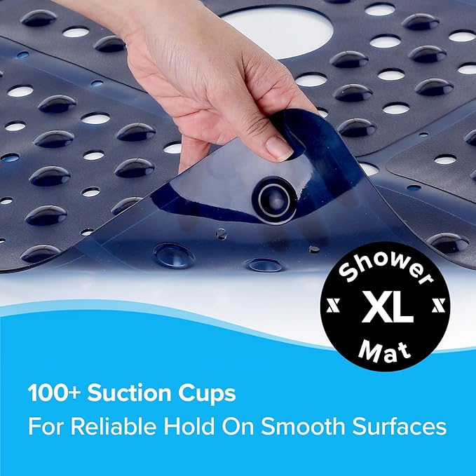 SlipX Solutions 27" Oversize Square Shower Mat, Non-Slip Mat for Elderly & Kids, 100+ Power Grip Suction Cups for Smooth Surfaces, Machine Washable, Navy