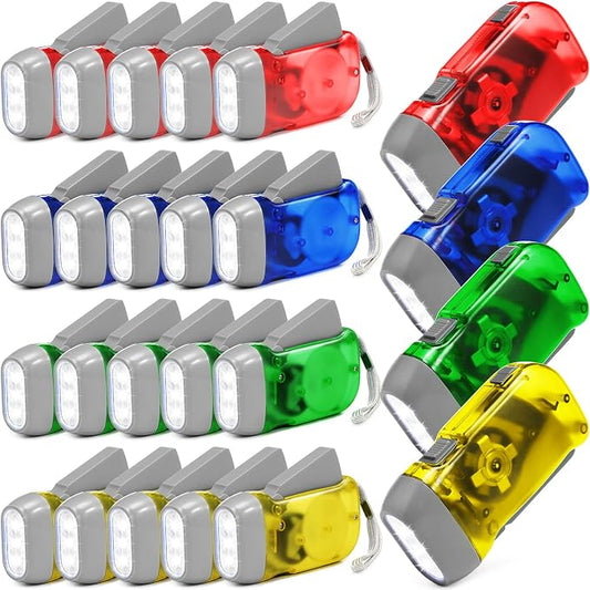 Mudder 24 Pack Hand Crank Flashlight No Battery Emergency Flashlight, Self Powered Portable Light Dynamo Torch for Survival Kit Outdoor Hiking Emergency(Yellow, Green, Blue, Red)