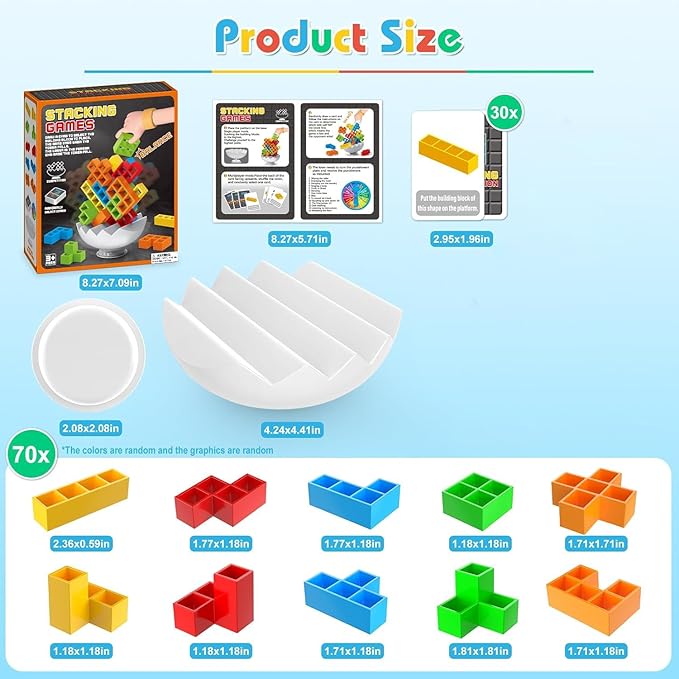 70PCS Stack Game for Adult & Kids, 3D Tetra Board Tower Games for Family Travel Party, 2 Players Balance Stacking Toy, Team Toys Building Block