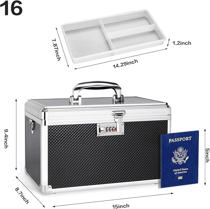 Medicine Box with Combination Lock - 15"x8.7"x9.4" First Aid Safe Medication Storage Case, Personal Items Safe Case for Hospital & Home & Outdoor 【Black】