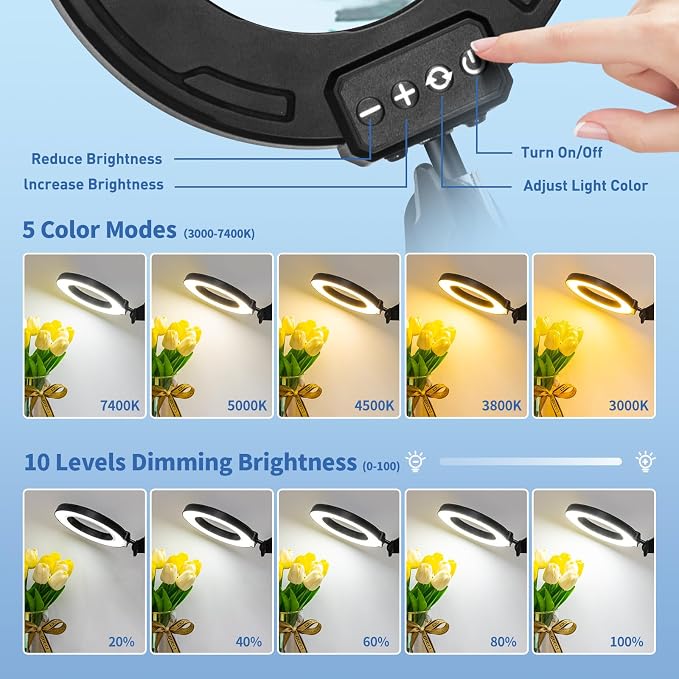 HITTI 12X Ultra Long Magnifying Glass with Light and Clamp, Swivel Arm | 5 Color Modes Steepless Dimming LED Desk Lamp, Hands Free Lighted Magnifier Stand for Workbench, Cross Stitch, Hobby