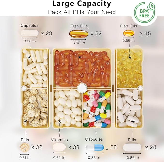FYY Daily Pill Organizer,2 Pcs 7 Compartments Portable Pill Case Travel Pill Organizer,[Folding Design] Pill Box for Purse Pocket to Hold Vitamins,Cod Liver Oil,Supplements and Medication-White