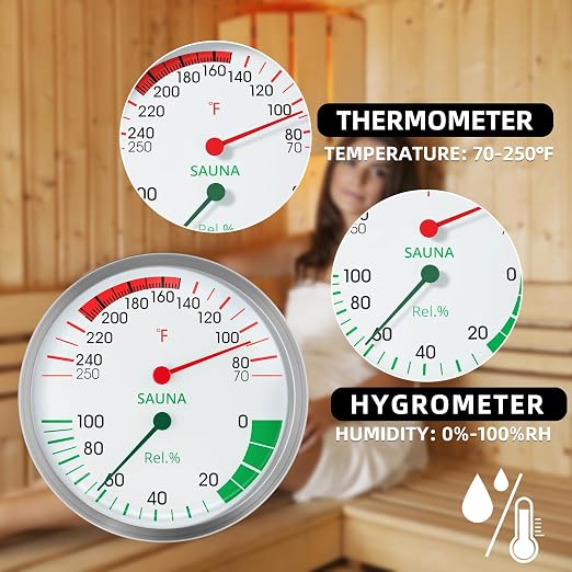 Stainless Steel Sauna Hygrometer Thermometer with Color-Coded Dial 5" Large Display,70-250°F, 0-100%,Heat-Resistant,Easy to Read Humidity Temperature Gauge for Home Spa, Steam Rooms