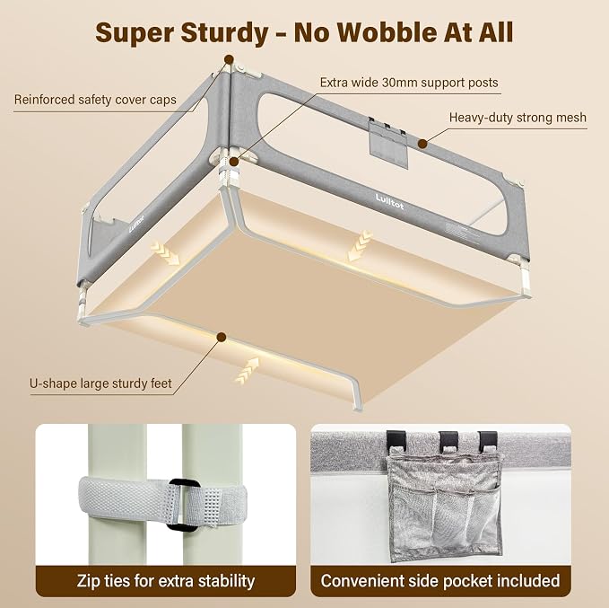 King Size Bed Rails for Toddlers: 3-Piece with Corner Cushion | Stable, Tool-Free Install, Fold-Down & Dual Safety Lock, Side Pocket, Adjustable for 2-13" Mattress, for Baby Co-Sleeping