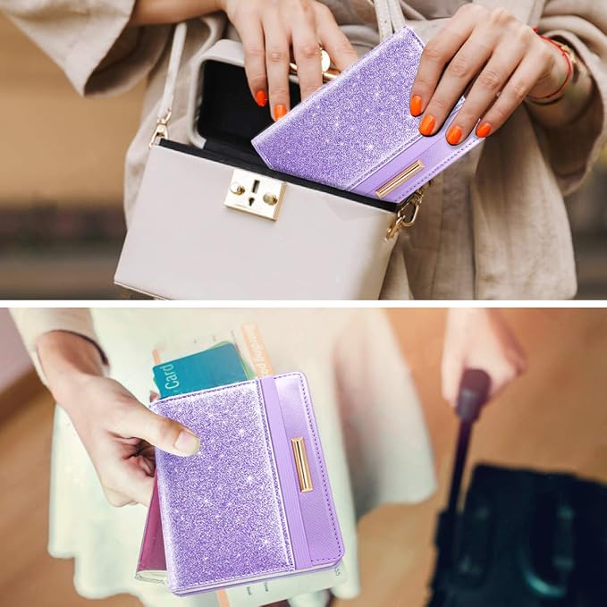 Coco Rossi Passport Holder for Travel Women Slim RFID Passport Cover Wallet | Travel Essentials, Passport Book Holders, Passport Wallet Cover Case, PU Leather, Cute, Thin, Spliced Design, Glitter Purple