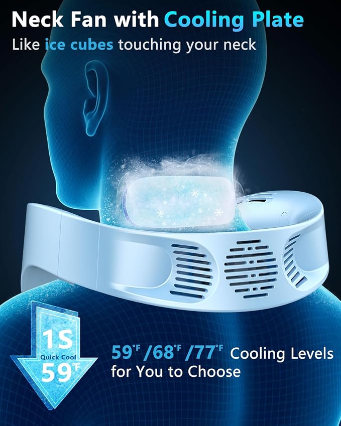 FWV Neck Air Conditioner with Cooling Plate, 5500mAh 3-24H Working, 5-Speed Quiet 30dB, LED Display Personal AC, USB-C Bladless Wearable Cooling Neck Fans that Blow Cold Air for Men Women Kids Blue