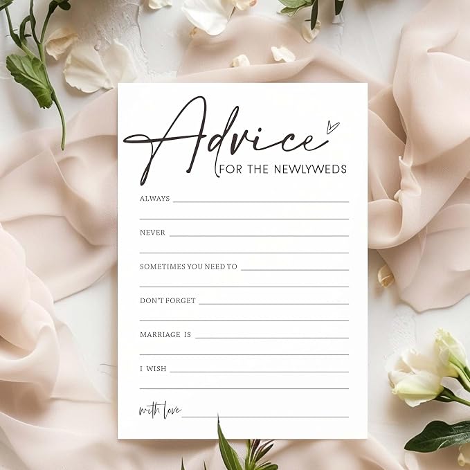 Bridal Shower Advice Cards for Newlyweds - 25 Guests Engagement Party Game, Minimalist White Wedding Party Supplies - A01