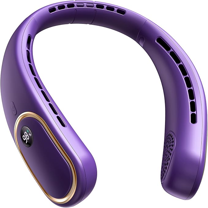 SHEWIND Portable Neck Fan - 5000mAh Rechargeable Hands-Free Wearable Fan | 4 Speeds, Bladeless & LED Display | Personal Cooling Fan for Travel, Outdoors, Camping - Purple