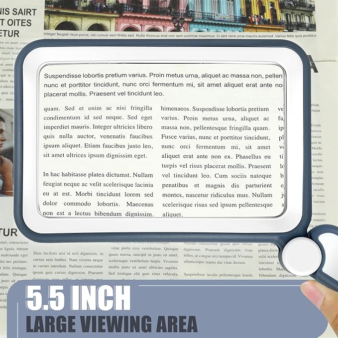 Magnifying Glass for Reading, Rechargeable 5X Large Page Magnifier with Light, Folding Handheld Dimmable Rectangle Lighted Magnifier for Reading Book Small Print for Seniors Low Vision, Blue White
