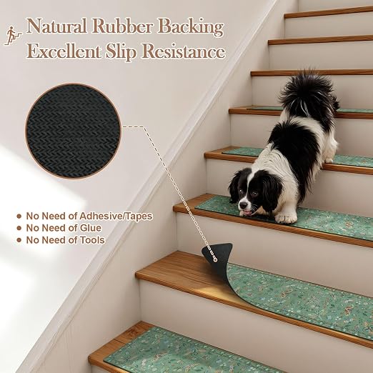 OJIA Insect Non-Slip Stair Treads for Wooden Steps 4PC 30"X8" Stair Runners | Indoor Anti-Slip Stair Rugs Safety Mats for Dogs, Kids & Elders, Rubber Backed Stair Treads Stair Covers, Green