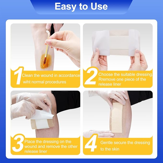 Silicone Foam Dressing 4"x8"(10 Count) | Large Bandages for Wound Care/Bed Sores/Post-Surgery