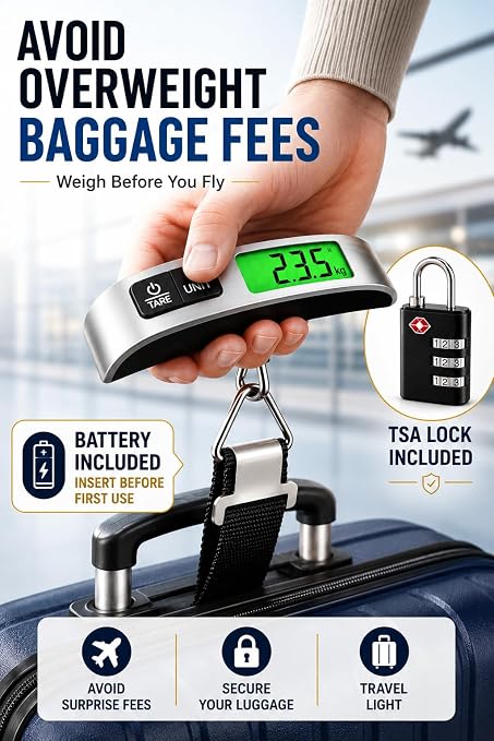 Luggage Scale with TSA Approved Lock, Digital Portable Hanging Baggage Scale 110lb/50kg, Travel Weight Scale for Suitcases, Avoid Overweight Fees, Travel Essentials Gift, Battery Included