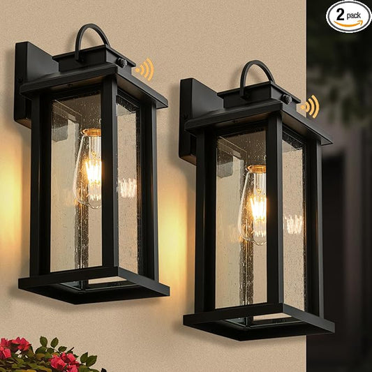 2-Pack 15.5 Inch Dusk to Dawn Outdoor Lighting Wall Mounted | Matte Black, E26 Socket, Hardwired, Clear Seeded Glass, Anti-Rust, Waterproof Outdoor Lights for House