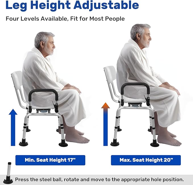 Swivel Shower Chair for Inside Shower with Pivoting Arms, 360° Rotating Shower Chair for Elderly and Disabled, Adjustable Height Swivel Bath Chair with Extra Accessories