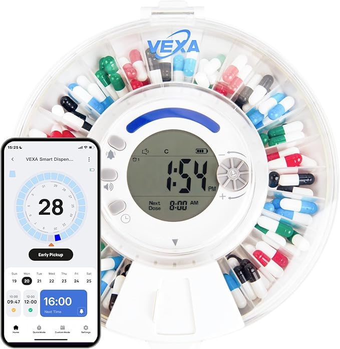 VEXA VitaMate 28 Smart Automatic Pill Organizer with Exclusive Self-Developed App, 28-Slot Monthly Medication Management, App-Connected Sound Alerts, Easy Flip-to-Dispense for Vitamins & Tablets