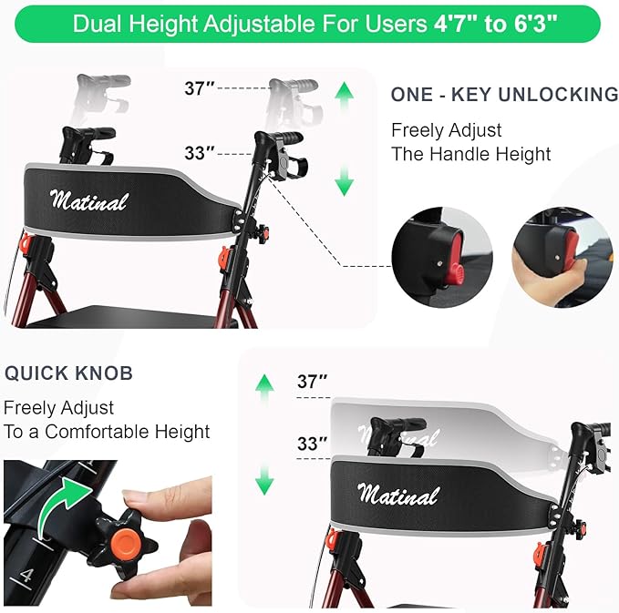 Walkers for Seniors, Rollator Walker with Seat, Walkers for Seniors with seat, 350 lb Capacity,with 8'' Big Wheels, Rolling Walker (Burgundy)