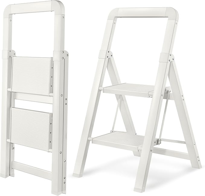 Step Ladders Folding 2-Step White Finish Aluminum Foldable Step Stool,Anti-Slip Portable Sturdy for Home & Kitchen Office 330 lbs