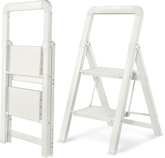 Step Ladders Folding 2-Step White Finish Aluminum Foldable Step Stool,Anti-Slip Portable Sturdy for Home & Kitchen Office 330 lbs