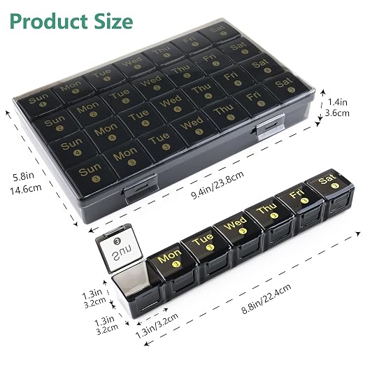 FHORAIN Monthly Pill Organizer 28 Day, 4 Weeks Pill Box 7 Day, XL Weekly Medicine Organizer for Vitamins, Fish Oil, Supplements(Black)