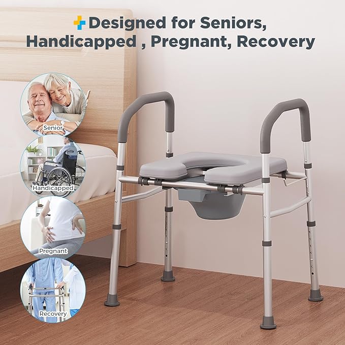 Bedside Commode for Seniors, Commode Chair with Adjustable Width and Height, 400 LBS Weight Capacity, 16.9 Inch Extra Large Soft Seat Plate