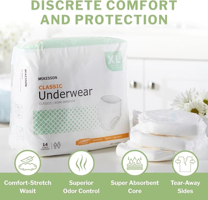McKesson Classic Adult Incontinence Underwear, [56 Count], Light Absorbency, XL, 58-68 in. Unisex Bladder Leak Protection, Pull-On Style with Tear-Away Sides, Postpartum and Incontinence Support