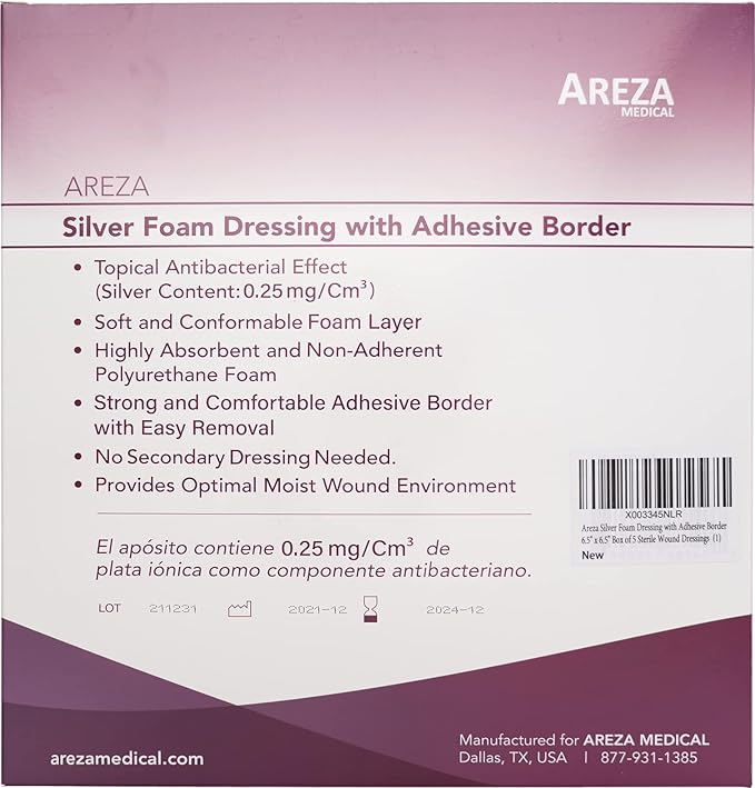 Areza Medical - Silver Foam Wound Dressing Pad - Sterile - 6.5" X 6.5" (16.5 cm X 16.5 cm) - Adhesive Border - 5 PCS per Box