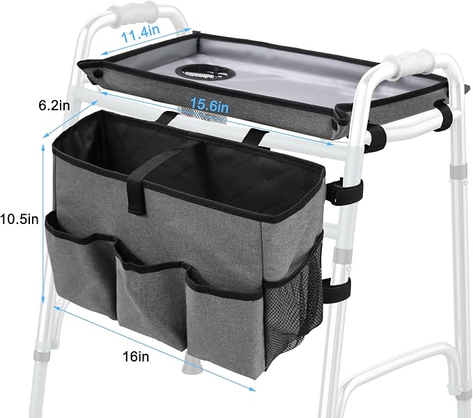 Walker Basket with Tray, Walker Tray for Folding Walker, Walker Accessories for Seniors, Non-Slip Surface, Universal Fit for Standard Walkers, Ideal for Meals, Drinks & Reading(Grey)