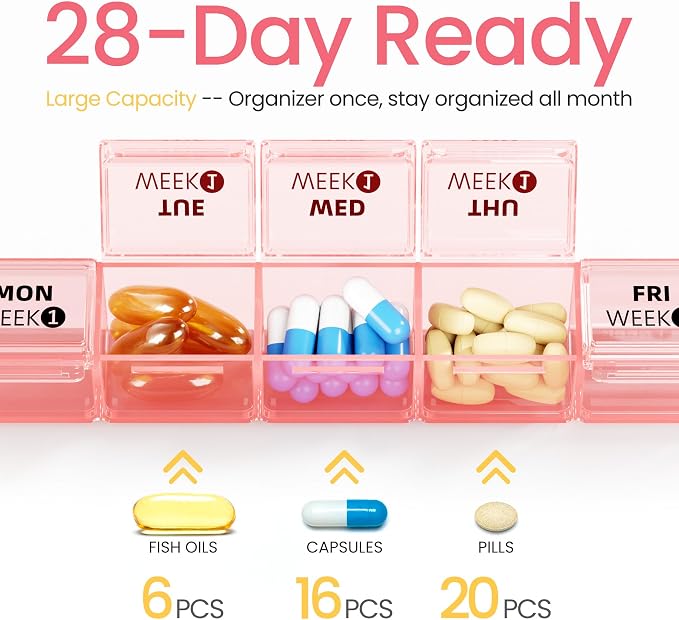 Betife Monthly Pill Organizer 1 Time a Day, Pill Box 28 Day, XXL Pill Case | Compact & portable , Easy Open , Airtight , Dual protection ,Large capacity