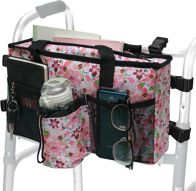 Double-Sided Walker Bag with Flower Design,Tote Handle Zipper Plug Buckle Organizer Pouch for Seniors, Walker Accessories