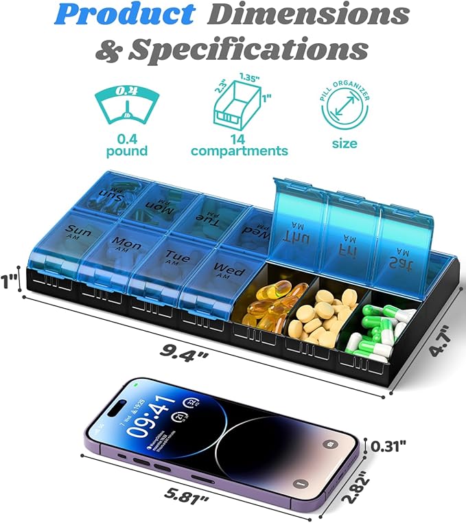 Extra Large Pill Organizer 2 Times a Day, Weekly XL AM PM Pill Case, 7 Day Pill Box Twice a Day, Oversized Daily Medicine Organizer for Vitamins (Blue)