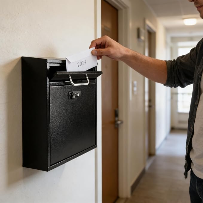 KYODOLED Wall Mount Mailbox for Outside, Combination Lock, Large, Black | Sturdy Steel, Anti-theft Large Drop Box, Ideal for Home, Office, School Daily Mail/Key/Cash Storage, 12H" x 10.5L" x 4.6W"