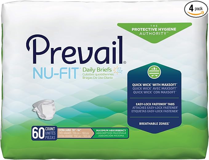 Prevail Nu-Fit Incontinence Briefs, Unisex Disposable Adult Diapers with Tabs for Men & Women, Maximum Absorbency, X-Large, 60 Count (4 Packs of 15)