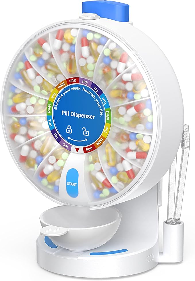 200000 Push Button Test Weekly (14 Days) Large Pill Dispenser Organizer | One Push Button, Magnetic Medicine Bowl, Child Lock, Wall-Mounted, Standing Use, for Vitamin, Medicine, Elderly, Pet Green