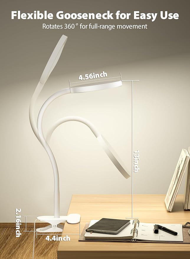 deeloop LED Clip on Light,100% Infinite Dimmable Reading Book Lights in Bed Headboard, 450LM Touch Control Desk Lamp with Clamp, Eye-Care 3 Color Temperature Flexible Rotation for Bedside Night Light