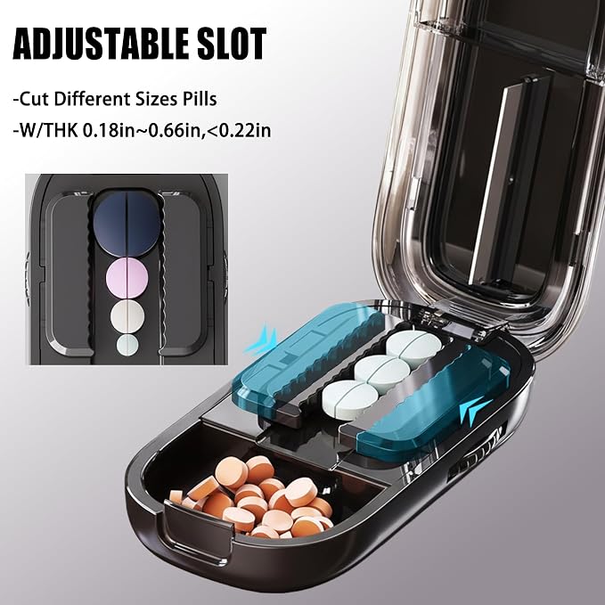 Pill Cutter Splitter for Small and Tiny Pills - Adjustable Pill Splitter with Centering Device for Cutting Multiple Pills, Accurate Alignment and Easy to Use (White+Black)