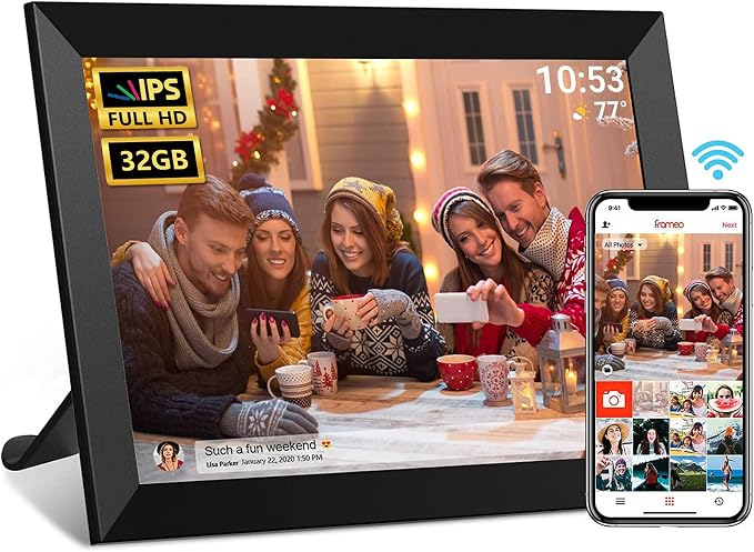 Frameo 10.1 Inch WiFi Digital Photo Frame with Calendar, 32GB Digital Picture Frame with 1280x800 IPS HD Touch Screen, Auto-Rotate Wall Mount, Easy Share Photos/Videos from Phone - Gifts for Mom