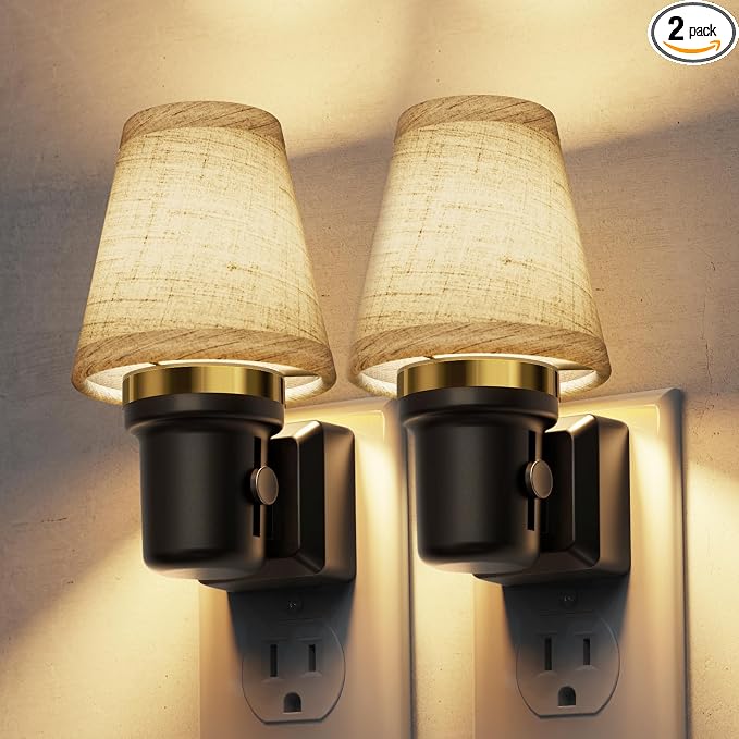 L LOHAS LED Night Lights Plug into Wall, Linen Fabric Night Light | 2 Pack Round Platform Decor Vintage Nightlight with Dusk to Dawn Sensor,0-100LM Dimmable,for Bedroom Living Room Hallway