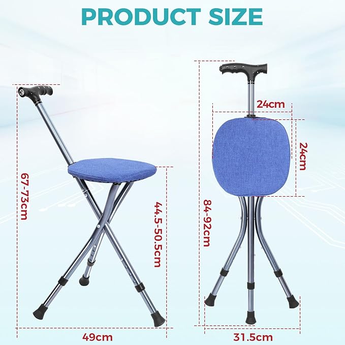 Portable Adjustable Folding Walking Cane with Seat and Cushion，Cane seat for Seniors with Magnetic Massage Handle, Lightweight Walking Cane with LED Light，Supports up to 330 Pounds