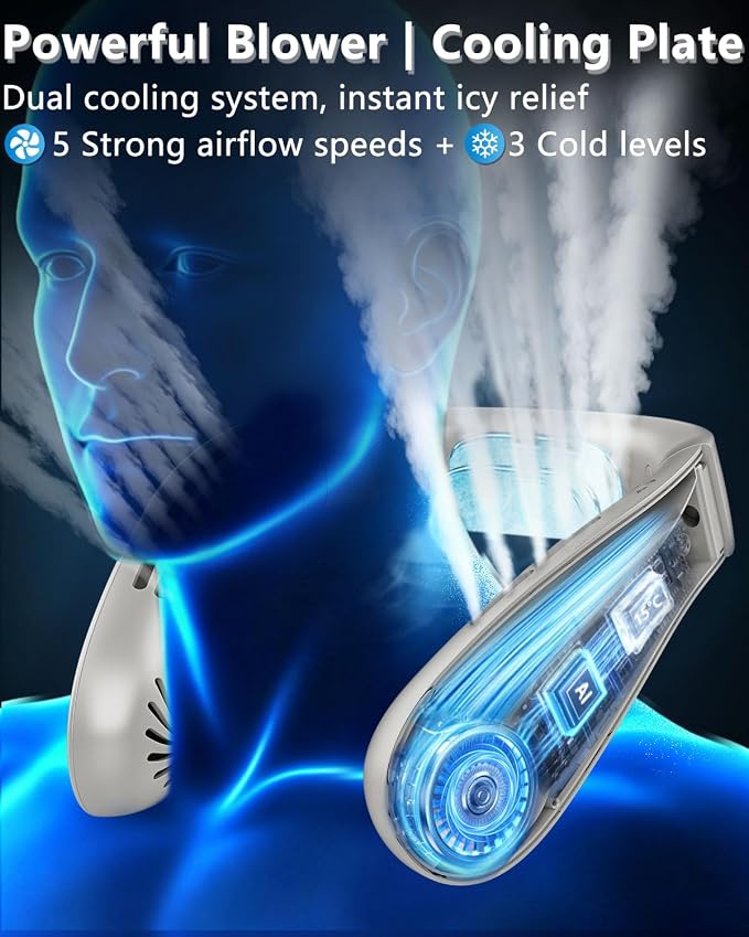 FWV Portable Neck Fans with Cooling Plate, 5500mAh 3-24H Lasting, Whisper Quiet 30dB, USB-C Rechargeable Necklace Fan, LED for Battery&Speed, Personal Mini AC Device for Outdoors Walking Workout Gray