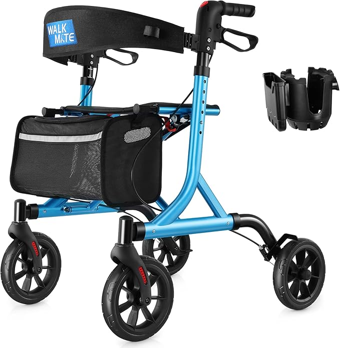 WALK MATE Rollator Walker for Seniors with Cup Holder, Upgraded Thumb Press Button for Height Adjustment, 4 x 8 Wheels Walker with Seat Padded Backrest Folding Lightweight Walking Aid, Blue